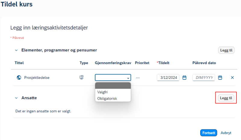 Bildet viser Legg til under Legg inn læringsaktivitetsdetaljer.