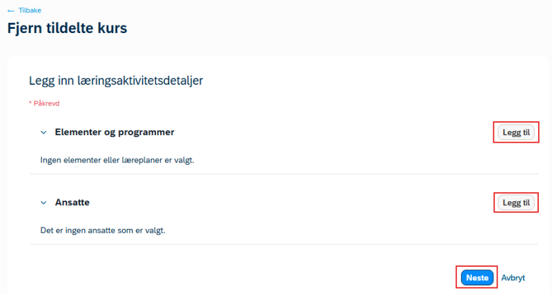 Bildet viser hvor du kan velge kurs som skal fjernes og  hente opp ansatte.