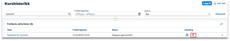 Bildet viser knapp under handling i kurshistorikk