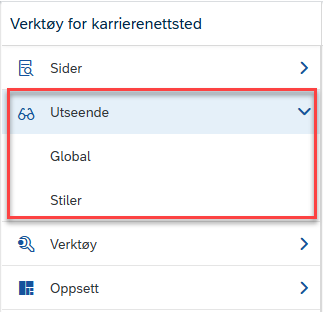 Bildet viser de to undermenyene Global og Stil