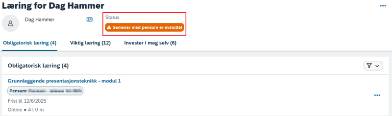 Bildet viser Status på kursplanen til ansatt.