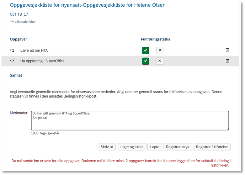 Bildet viser oppgaveskjekkliste