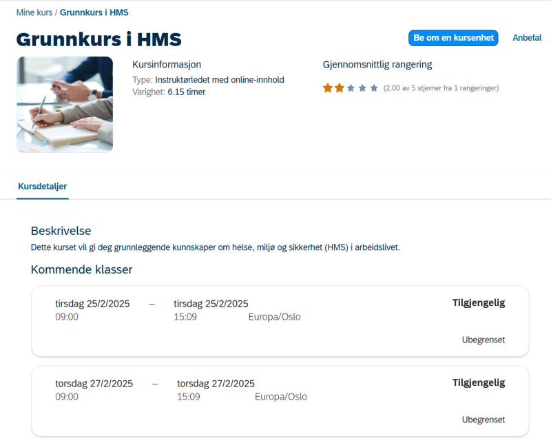 Bildet viser tilgjengelige kursenheter  på kurset under Kommende klasser.