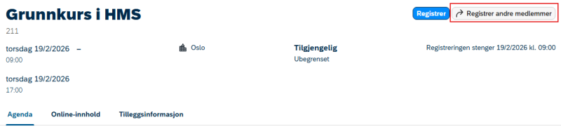 Bildet viser knappen Registrer andre medlemmer under fanen kursenheten.