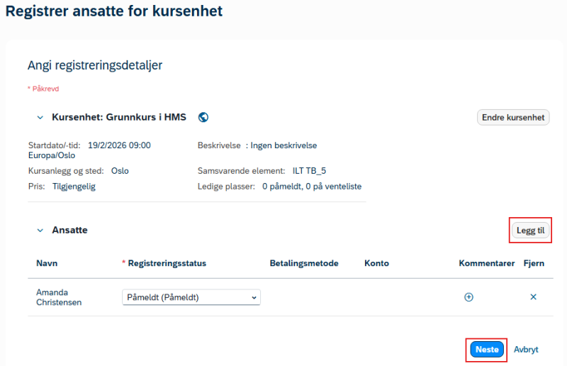 Bildet viser registreringsdetaljer under registrer ansatte for kursenhet.