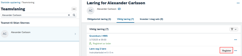 Bildet viser ansattes kursplan og knappen Registrer.