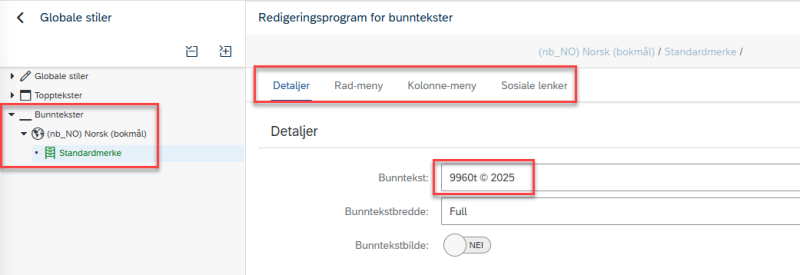 Bildet viser Detaljer under Redigeringsprogram for bunntekster under menypunktet Standardmerke