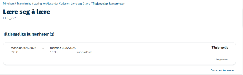 Bildet viser kursenhet og tilgjengelige kurs.