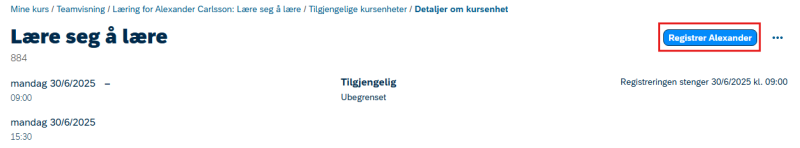 Bildet viser kursenheten og valget om å registrere ansatt.