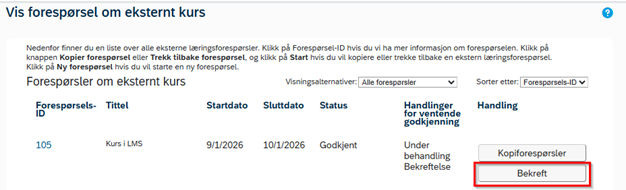 Bildet viser forespørsel om eksternt kurs