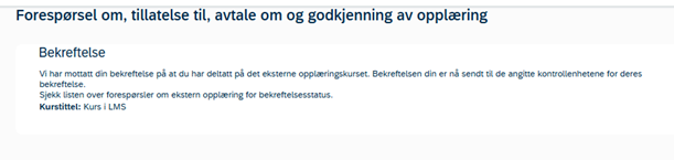Bildet viser bekreftelse på eksternt kurs