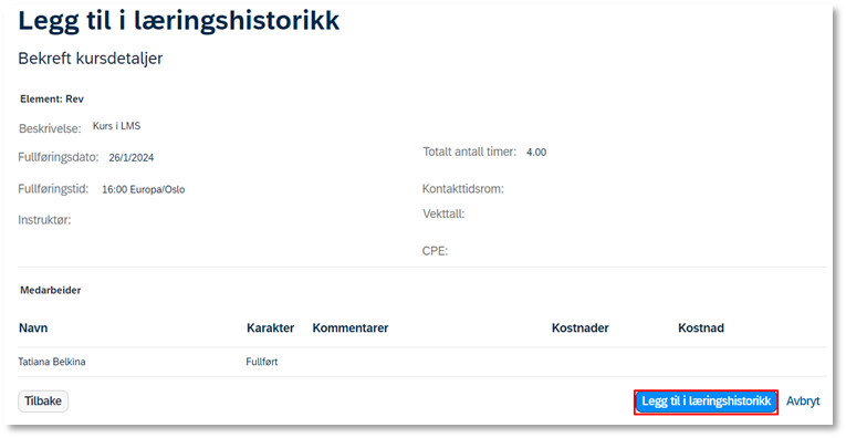Bildet viser knappen legg til læringshistorikk