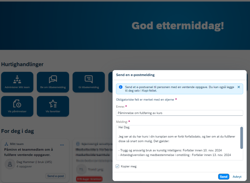 Bildet viser pop-up med forslag til tekst og valget send.
