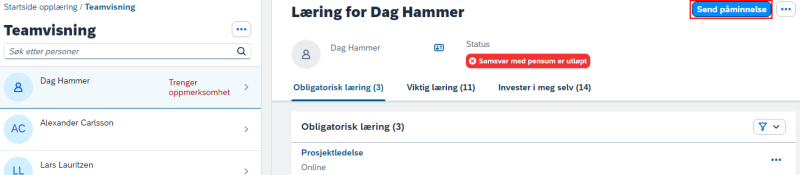 Bildet viser Send påminnelse på den ansattes kursoversikt.