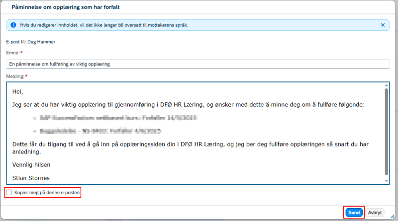 Bildet viser vindu med Påminnelse om opplæring som har forfalt og valget Send og Kopier med på denne e-posten.