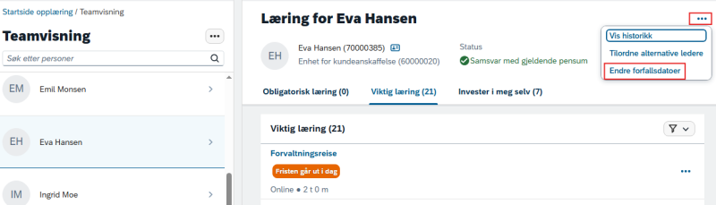 Bildet viser trepunktsmenyen og valget Endre forfallsdato.