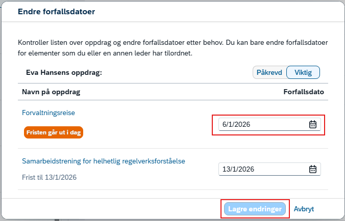 Bildet viser Endre forfallsdatoer og valget Lagre endringer.