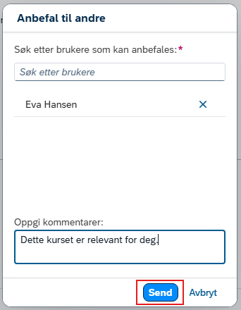 Bildet viser vinduet Anbefal til andre og valget Send.