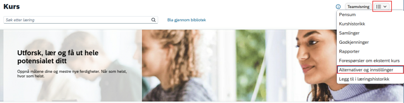 Bildet viser valget Alternativer og innstillinger under aktivitetsmenyen.