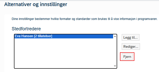 Bildet viser valget Fjern under Alternativer og innstillinger.