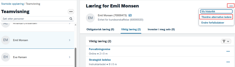 Bildet viser trepunktsmenyen og valget Tilordne alternative ledere.