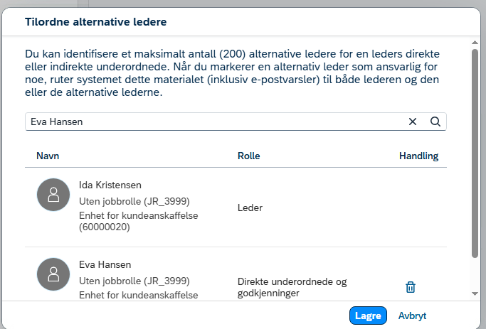 Bildet viser vinduet Tilordne alternative ledere og valget Lagre.