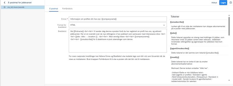 Bildet viser tekstinnhold på e-postmal for jobbvarsel