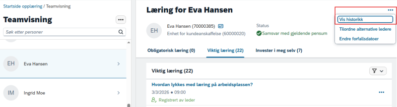 Bildet viser den ansattes kurshistorikk under Teamvisningssiden.
