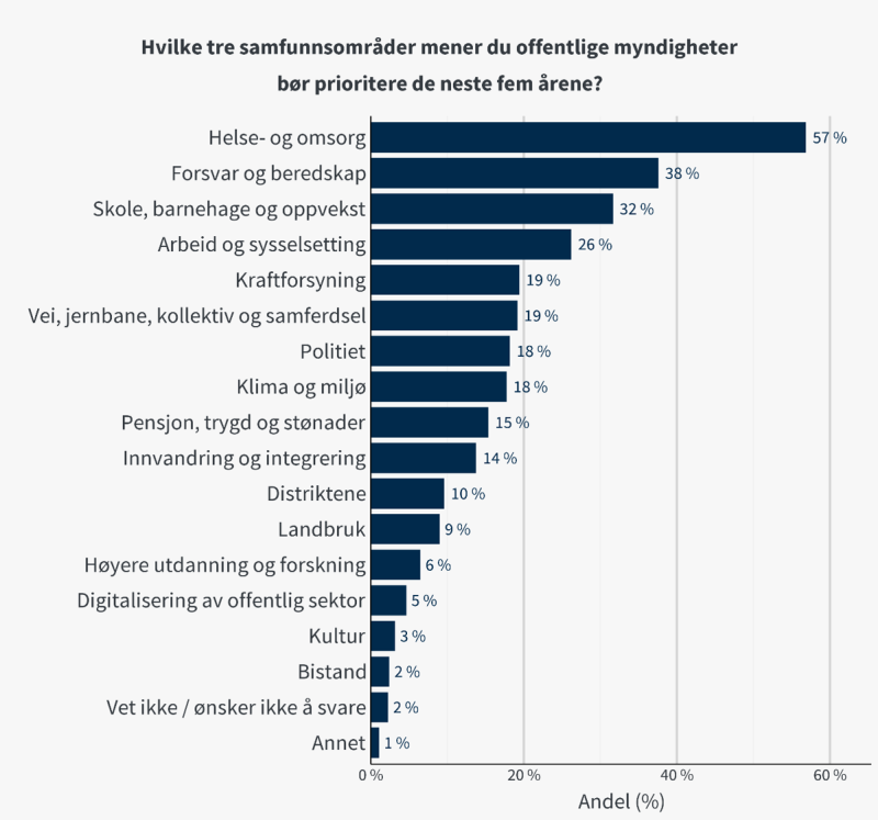 Figur 3: Innbyggernes prioritering av samfunnsområder. Inntil tre valg var mulig (vektede andeler).