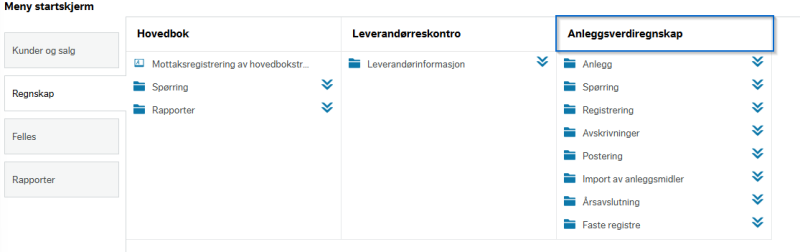 Menypunkt for anleggsverdiregnskapet