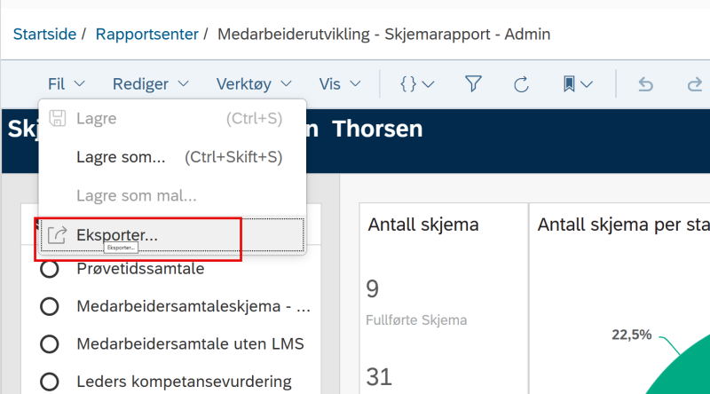 Bildet viser valget Eksporter i menyen som vises når du trykker på Fil