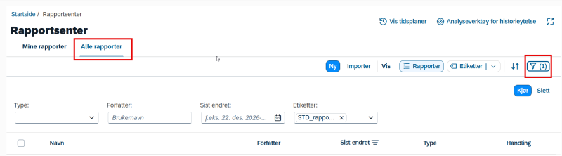 Bildet viser fanen Alle rapporter og filterikonet med et tall i parentes som indikerer at det er et filter på.