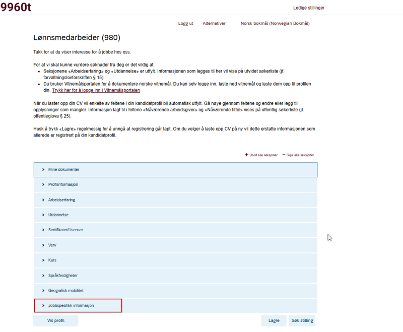 Bildet viser seksjonen Jobbspesifikk informasjon
