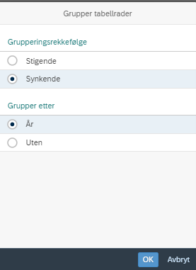 Bildet viser valg under grupper tabellrader