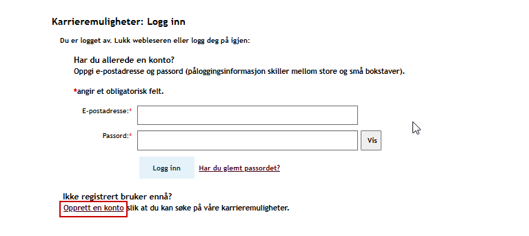 Bildet viser lenken til Opprett konto i påloggingsvinduet