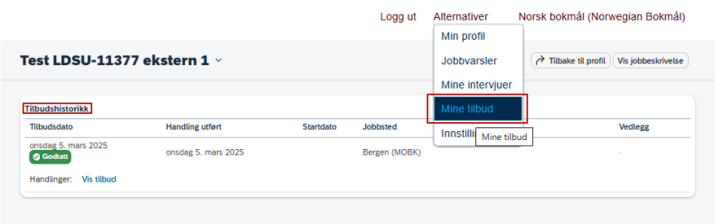 Bildet viser Mine tilbud i nedtrekksmenyen og tilbudshistorikken