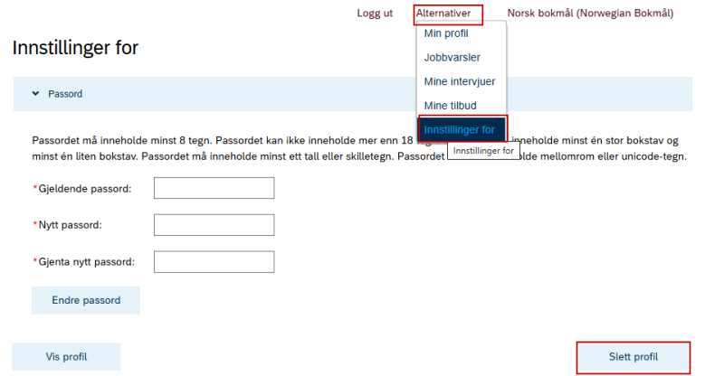 Bildet viser nedtrekksmenyen med Innstillinger for og knappen Slett profil