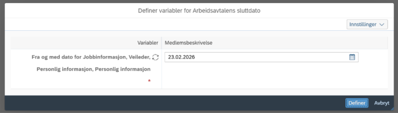 Bildet viser dialogvinduet Definer variabler for avtale om utvidet overtid.