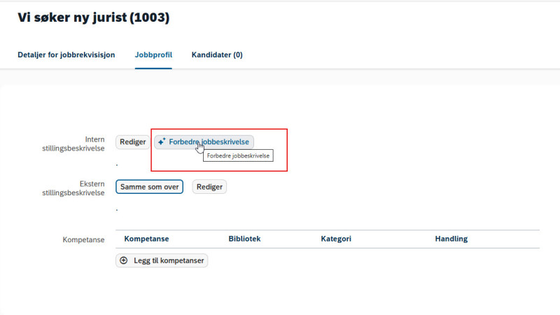 Bilde som viser hvor du klikker for å bruke KI funksjonen "forbedre jobbeskrivelse"