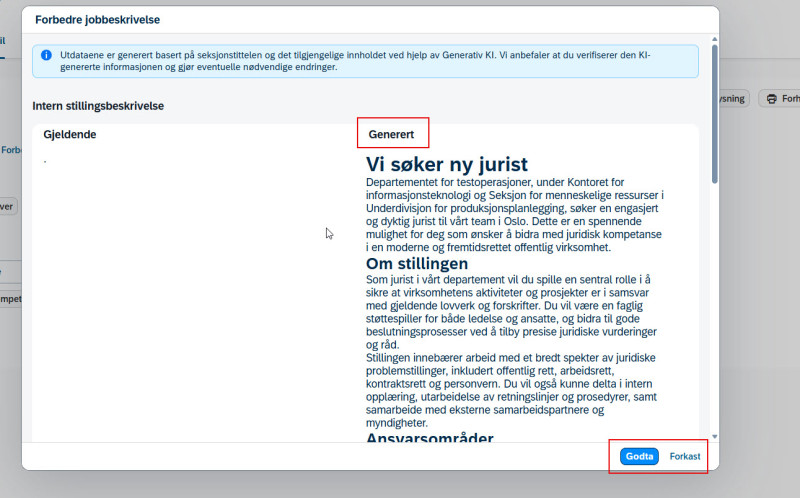 Bilde som viser hvordan en stillingsbeskrivelse generert av KI presenteres i systemet. 