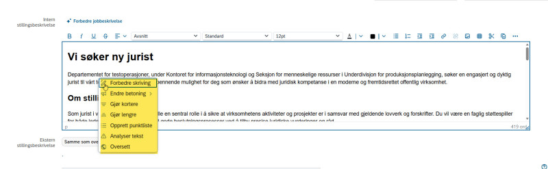 Bilde som viser de ulike alternativene for tekstforbedring.