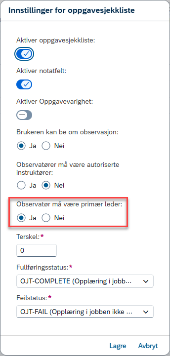 Bilde viser ny innstilling i oppgavesjekklister
