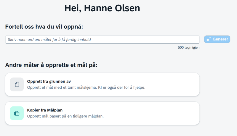 skjermbilde som viser valg for opprettelse av mål