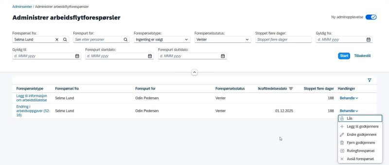Bilde viser oppdatert utseende for Administrer arbeidsflytforespørsler