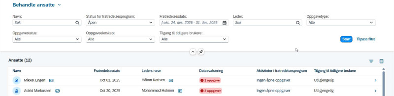 Bilde viser nytt instrumentbord for fratredelsesprogram