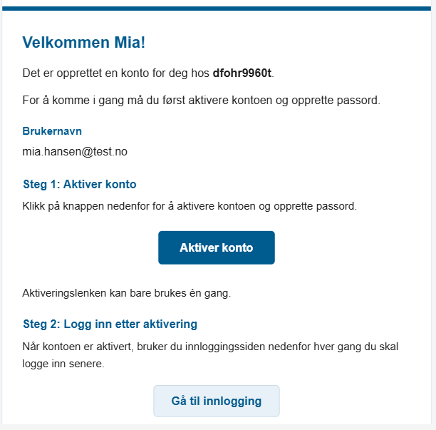 Bildet viser e-post med innloggingsinformasjon
