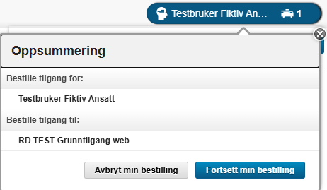Ser valgt bruker og rolle i handlekurven.