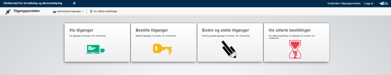 Startsiden til Tilgangsportalen viser de ulike valgene i løsningen: vis tilganger, bestille tilganger, endre og slette tilganger og vis utførte bestillinger.