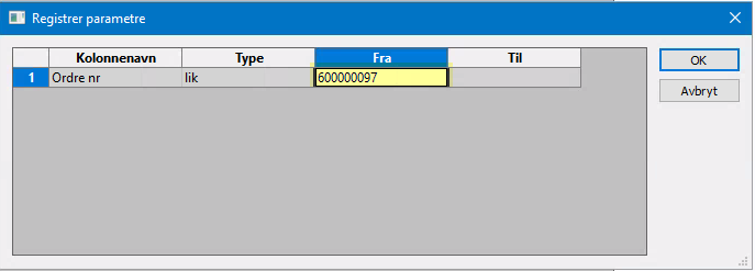 Skjermbilde av registrering av parametre.