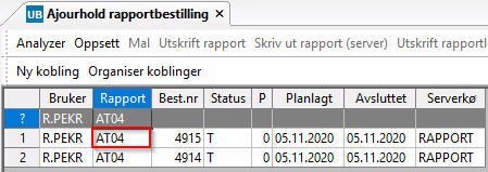 Skjermbilde av ajourhold rapportbestilling.